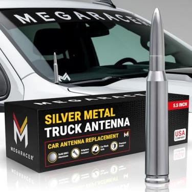 Imagem de Mega Racer Antena Bullet Silver 50 Cal para caminhões – ajuste universal de 14 cm, rádio AM/FM, alumínio sólido 6061, design antirroubo, seguro para lavagem de carro, substituição de antena, 1 peça