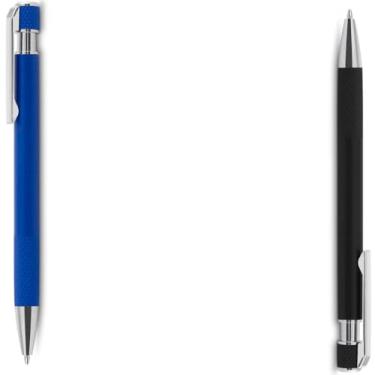 Imagem de Caneta esferográfica com corpo em alumínio reciclado, acionador e clipe cromado, escrita em tinta azul. Refil substituível tipo Parker. (Azul e Preto)