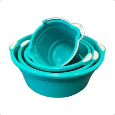 Imagem de Kit 3 Bacias + 1 Balde Multiuso Reforçado - Praticidade para Toda Casapara Lavar Roupa, Limpeza, Organização na Casa e Área de Serviço(Verde Água)