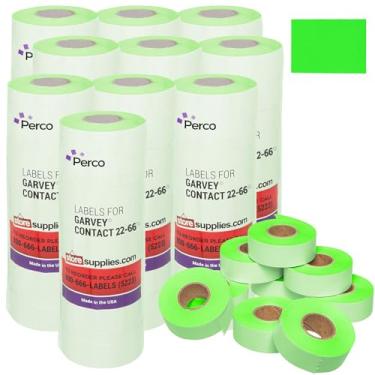 Imagem de Perco Etiquetas de preço Garvey 2216 verde fluorescente para pistola de preços de duas linhas Garvey 22-66/22-77/22-88 - 90 rolos, 10 mangas - 90.000 etiquetas de marcação de preços e 1 tinta incluída