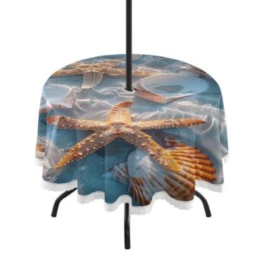 Imagem de Blueangle Toalha de mesa redonda à prova d'água de 152 cm com concha de estrela do mar e praia de verão com orifício para guarda-chuva – Tecido resistente à prova de sol para todos os climas