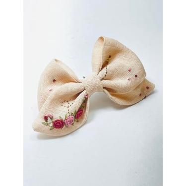 Imagem de Laço de Cabelo em Linho Bege com Bordado Floral, Rosas Pink e Rosa, Estilo Vintage