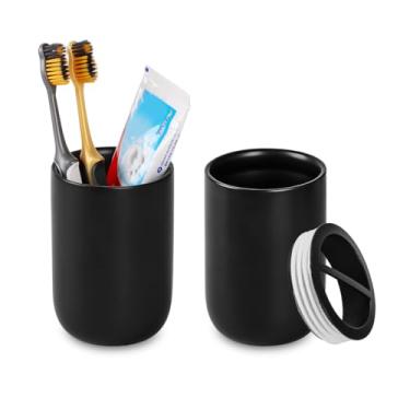 Imagem de Fvstar Suportes de escova de dentes pretos foscos para banheiros, suporte de escova de dentes de cerâmica e conjunto de copo, copo de enxaguante bucal reutilizável, copo de banheiro vintage para