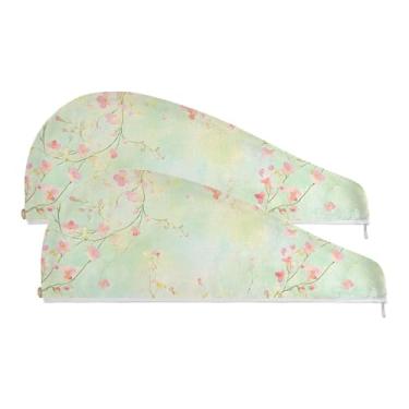 Imagem de SEHANY Toalha de cabelo de microfibra elegante flores verdes para mulheres 2 peças turbantes de cabelo de secagem rápida com botão, touca de cabelo seco absorvente toalha de secagem de cabelo para