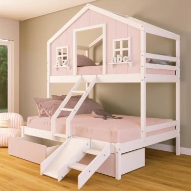 Imagem de Beliche Casal/ Solteiro Casinha Sonhos 02 Gavetas Rosa Kit Escada/ Escorregador Madeira Maciça Rosa/ Branco Housin