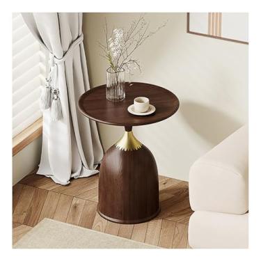 Imagem de HGTRH Mesas laterais redondas para sala de estar, mesa lateral de sofá com acabamento de textura de madeira de aço inoxidável para pequenos espaços, quarto, sofá, varandas B