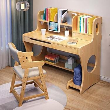 Imagem de Yadlan Mesa infantil com cabana de armazenamento, mesa infantil com gavetas e prateleiras, mesa de estudo infantil de madeira com área de armazenamento de mochila, mesa de quarto infantil de formato