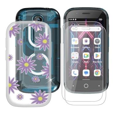 Imagem de Ikiiqii Capa para Unihertz Jelly Star (7,6 cm) + protetor de tela (pacote com 2), capa à prova de choque capa de borracha flexível antiarranhões transparente + película protetora - pequenas flores roxas