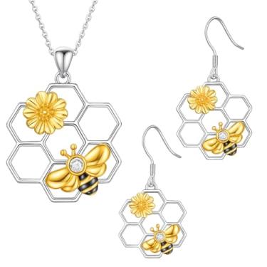 Imagem de SUPAC You Are My Sunshine Colar com pingente de coração de girassol e abelha para mulheres, joias delicadas, presente de aniversário ou Natal, Adjustable, Metal, Sem Pedra Preciosa