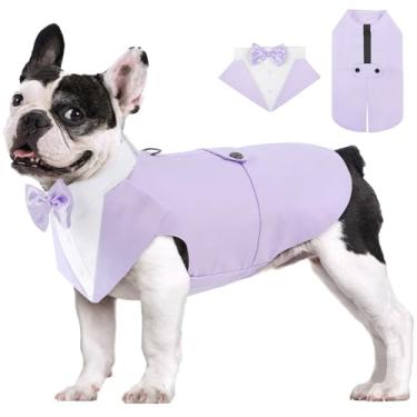 Imagem de AOFITEE Conjunto formal de fantasia de smoking para cães e bandana, terno de festa de casamento para cães delicados, camisa de gravata borboleta, smoking para cães pequenos, coleira removível para