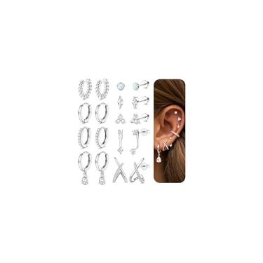 Imagem de LOLIAS Brincos hipoalergênicos de costas planas para mulheres, brincos de cartilagem banhados a ouro 14K, brincos de aço inoxidável cirúrgico de 20 g, pequenos conjuntos de brincos de argola para