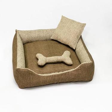 Imagem de Cama Pet para Cães, Grande 60x60x15cm, Quadrada, Impermeável, Lavável com Zíper, Kit com 2 Almofadas, Enchimento em Flocos de Espuma, Aveã e Cacau, Estampa Animal