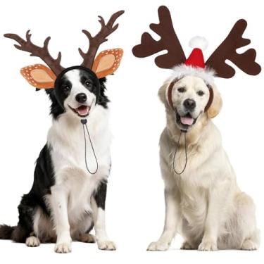 Imagem de BWOGUE Pacote com 2 faixas ajustáveis de chifres de rena para cães – Fantasia de Natal para fantasia de animal de estimação com orelhas de veado de alce e chapéu de Papai Noel para cães médios e