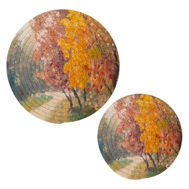 Imagem de Wassud Conjunto vintage de árvores de outono para pratos quentes, suportes de panela redondos, almofadas quentes de algodão, porta-copos elegantes, decoração de cozinha e acessórios, 2 peças