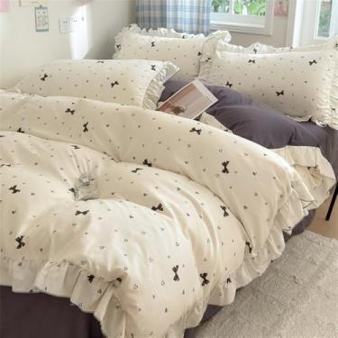 Imagem de Conjunto de capa de edredom de renda com 4 peças (1 capa de edredom + 1 lençol plano + 2 fronhas, sem núcleo), conjunto de cama com estampa de flores frescas, tule de duas camadas, renda de quatro