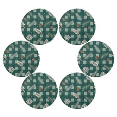 Imagem de Wassud Jogo americano conjunto de 6 tapetes de mesa redondos xadrez de Natal verde escuro para cozinha e jantar tapetes laváveis resistentes ao calor decoração de mesa 39 cm