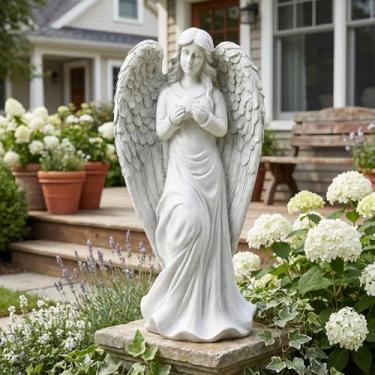 Imagem de JXNCJXZG Estátuas de anjo em pé para jardim - decoração de jardim ao ar livre religiosa abençoada pedra de óxido de magnésio católico fora do quintal pátio deck casa corredor entrada escultura