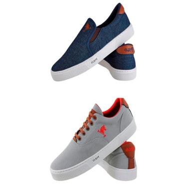 Imagem de Kit Slip On e Tênis Casual Masculino Com Sola Reta Em Tecido e Detalhe Bordado-Masculino