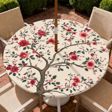 Imagem de COTAIL Toalha de mesa redonda para uso ao ar livre com zíper e orifício para guarda-chuva, toalha de mesa elástica à prova d'água a óleo para pátio, piquenique, acampamento, jardim, serve para mesa