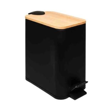 Imagem de Lixeira retangular de metal com pedal e tampa em bambu preta 5l lyor
