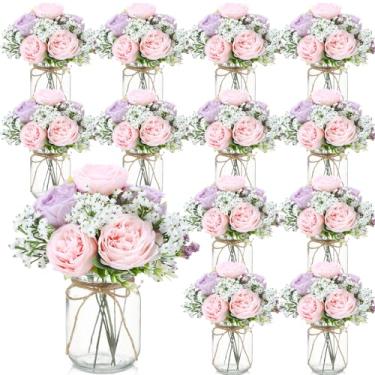 Imagem de Zeyune 12 conjuntos de decorações de mesa de centro de pedreiro, buquês de flores artificiais de peônia para bebê, flores falsas com vaso, presentes de decoração rústica para casa, casamento, feriado