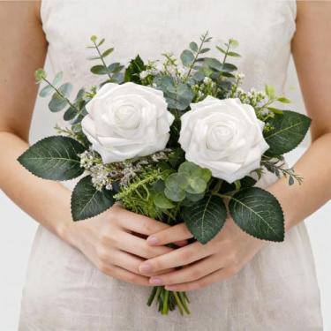 Imagem de 2 peças de rosas falsas de espuma de relíquia de flores artificiais de aparência real com hastes para buquês de casamento, decoração de casa rosa para chá de panela, arranjos florais, mesas de festa