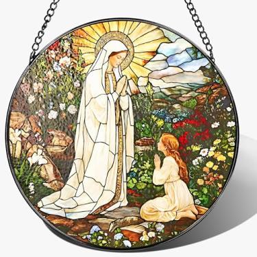 Imagem de Apanhador solar de vitral Lady of Lourdes de 20 cm, pendurado em vitrais, pendurar na janela religiosa da Virgem Maria, presente para o dia das mães, decoração de casa católica, presente de fé para
