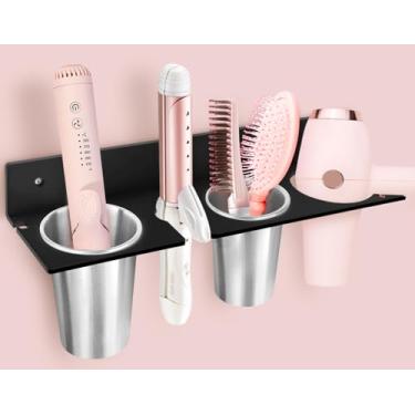 Imagem de Suporte de parede para secador de cabelo, organizador de ferramentas de cabelo com copos de aço resistentes ao calor, suporte acrílico para secador de cabelo, adesivo ou parafuso para armazenamento de