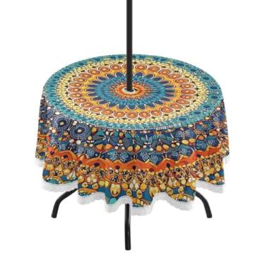 Imagem de Qilmy Mandala Toalha de mesa redonda impermeável de 152 cm com orifício para guarda-chuva e zíper – uso externo / interno resistente para pátio, churrascos, piqueniques, festas (serve para mesas