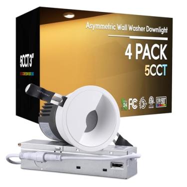 Imagem de TORCHSTAR Luzes embutidas LED 5CCT de 7 cm com J-Box, arruela de parede assimétrica de 10 W, luz de lavagem de parede embutida com moldura ultra estreita, refletor antirreflexo, regulável, 2700-5000K