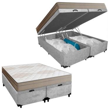 Imagem de Cama Box Baú Casal Bipartido Suede + Colchão De Molas Ensacadas Portobel Ipanema - 138x188x66cm Cinza