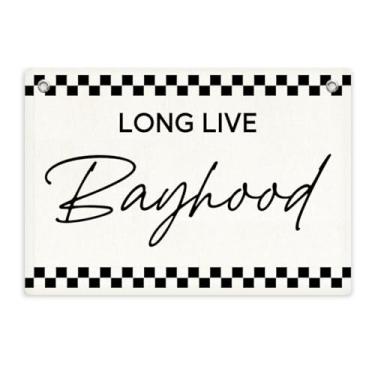 Imagem de Decoração de quarto de menino, vida longa infância, decoração de parede de sala de jogos, faixa de vida longa, faixa de lona quadriculada preta e branca para quarto de bebê, quarto de bebê, sala de