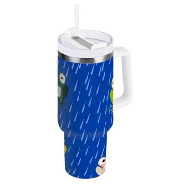 Imagem de Copo grande colorido de sapos azuis isolado com tampa e canudo, copos com isolamento duplo com tampa 2 em 1