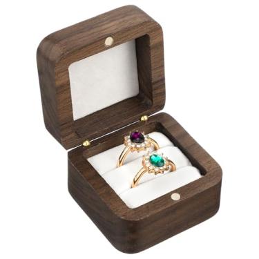 Imagem de Caixa de anel de noivado de madeira com 2 compartimentos, caixa pequena quadrada vintage de madeira maciça suporte de anel duplo caixas de armazenamento de joias rústicas para casamento, casamento
