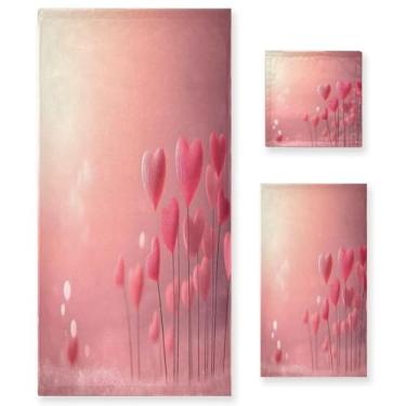 Imagem de Wassud Conjunto de 3 toalhas de banho com corações de dia dos namorados, toalhas super macias e absorventes para banheiro, toalhas de banho de secagem rápida, toalha de banho para academia, spa, hotel