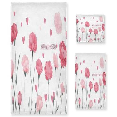 Imagem de Wassud Conjunto de 3 toalhas de banho Happy Mother's Day cravos e coração dos namorados, toalhas super macias e absorventes para banheiro, toalhas de banho de secagem rápida, toalha de banho para