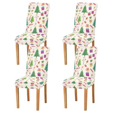 Imagem de Conjunto de 2 capas de cadeira de sala de jantar bege com árvores de Natal, laváveis e removíveis para casa ou festa
