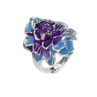 Imagem de Anéis de flor de peônia vintage para mulheres, aliança de casamento floral esmaltada delicada ajustável, elegante, estilo chinês, flor, dedo, coquetel, joias empilháveis para namorada, dia dos