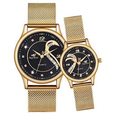 Imagem de Afcrho Relógios de casal para mulheres e homens - Relógio analógico moderno de aço inoxidável de quartzo para amantes - dourado e preto