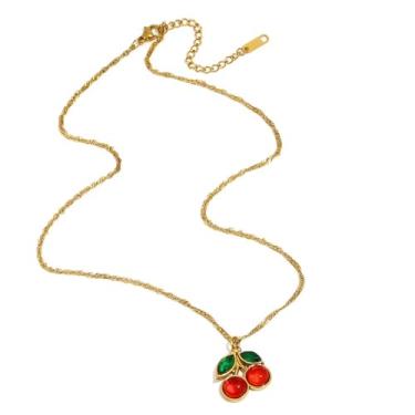 Imagem de Kokoma Colar feminino com pingente de cereja, zircônia cúbica, frutas doces, corrente de elos de aço inoxidável, gargantilha empilhável ajustável, joia moderna