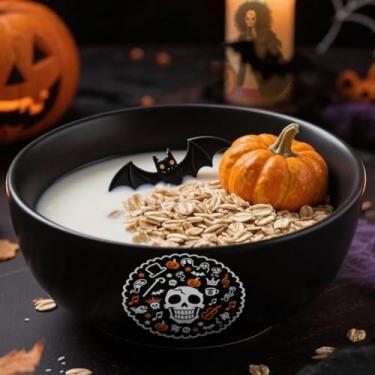 Imagem de Tigela de arroz grande de 946 ml com colher de garfo - Impresso The Silhouette of Strawhat Crew & Sunny Pattern, tigelas de cerâmica preta para ramen, cereal, macarrão, salada, frutas, CY (946 ml