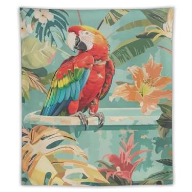 Imagem de Tapeçaria de parede floral tropical papagaio de arara vermelha na banheira decoração de pássaro vibrante arte boho para banheiro quarto acento de pendurar animada cena da natureza encantadora 70 x 239