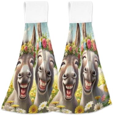 Imagem de TSENQUE Toalha de mão personalizada com laços para pendurar burro fofo impressão engraçada conjunto de 2 toalhas de cozinha estéticas absorventes fofas decorativas, 46 x 35 cm