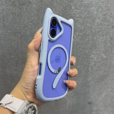 Imagem de Capa de gato fofa para iPhone 13, 14, 15, 16 Pro Max 11, 12, 15, 16 Plus, capa protetora de PC TPU transparente com alça de pulso e corrente, azul, para iPhone 15 Pro
