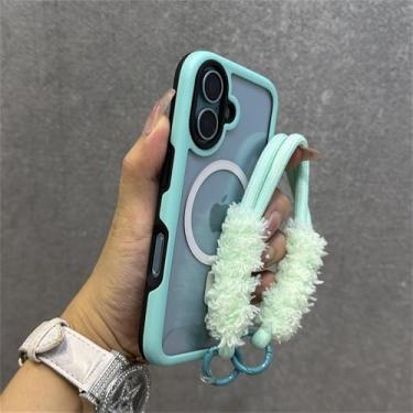 Imagem de Capa com alça de pulso magnética e carregador sem fio Candy Color Frame para iPhone 16, 13, 14, 15 Pro Max Plus, capa rígida transparente, verde menta, para iPhone 16 Pro Max