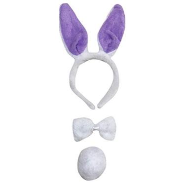 Imagem de Petitebella Tiara de orelha de coelho com cauda de gravata borboleta 3 peças (branco/roxo, tamanho único)