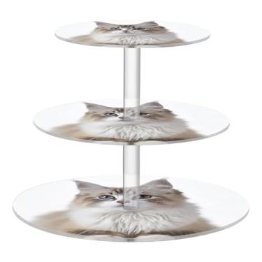 Imagem de Estampa de animal de estimação, gato de pelo comprido, branco, 3 camadas, suporte para cupcake, chá, festa, copo de acrílico, torre de bolo, bandeja de servir aniversário, casamento, mesa de deserto