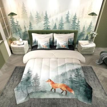 Imagem de Erosebridal Conjunto de edredom Queen com raposa selvagem, animais selvagens, caça, animais selvagens, verde, floresta enevoada, em uma bolsa, vintage, montanha ocidental, conjunto de cama para