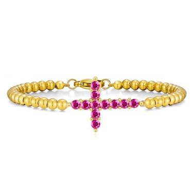 Imagem de Pulseira feminina com cruz de pedra do mês de nascimento, banhada a ouro 14 k, delicada, de aço inoxidável, zircônia cúbica, contas de fé, ajustável, moderna, joia de presente, Large, Aço inoxidável