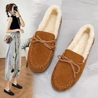 Imagem de Mocassim feminino mocassim forro macio antiderrapante ao ar livre quente casual sapatos de inverno sapatos baixos modernos sapatos rasos com detalhes de costura, Marrom, 36
